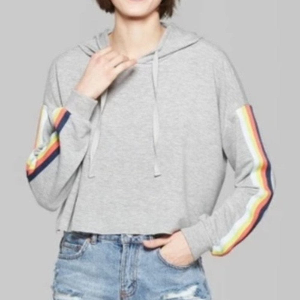 Wild Fable Striped Cropped Rainbow Hoodie S Gray
